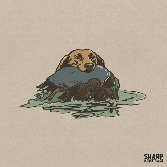 Vintage style illustration of a hunting dog carrying a duck in its mouth, rendered in muted tan, olive, and slate blue for apparel sublimation projects.