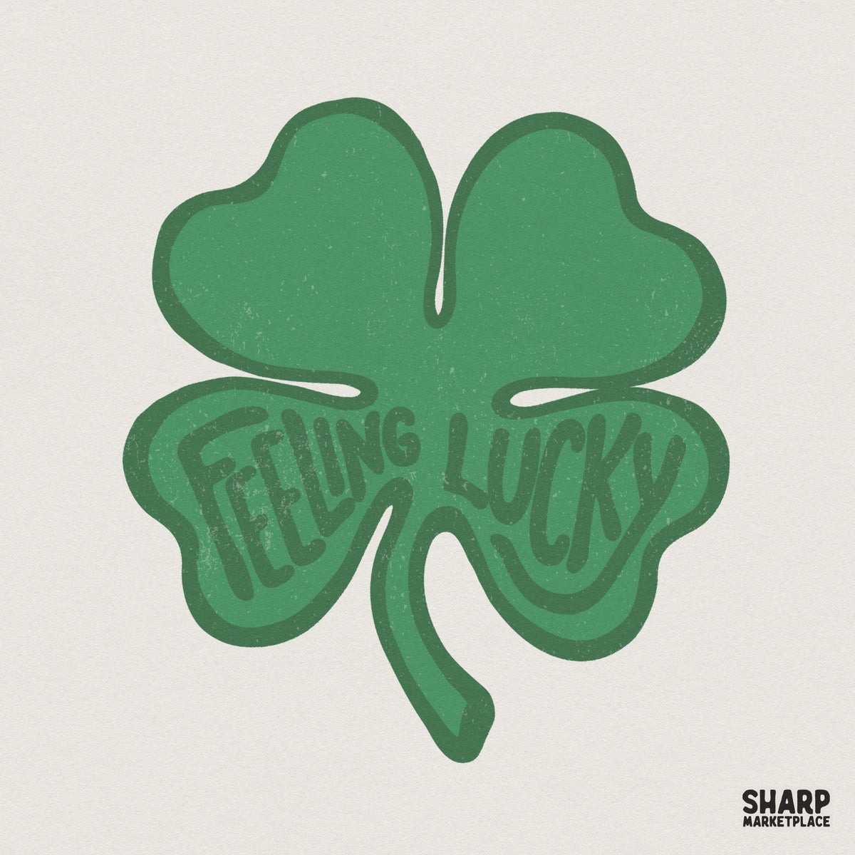 Retro green four-leaf clover graphic with the words Feeling Lucky integrated into the design, featuring a distressed vintage texture for DIY projects.