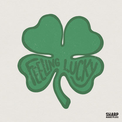 Retro green four-leaf clover graphic with the words Feeling Lucky integrated into the design, featuring a distressed vintage texture for DIY projects.