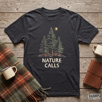 Retro nature calls pine trees and forest moon PNG download for fall camping and outdoor shirt designs