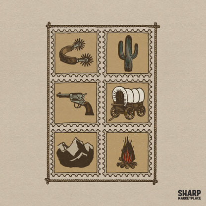 Vintage wild west postage stamp grid design featuring cactus and revolvers for western t-shirt printing