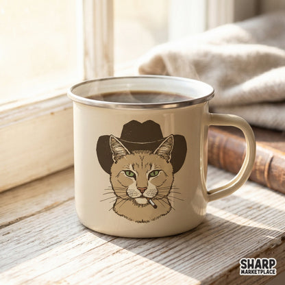 Gritty, hand-drawn western cat illustration with a cigarette, designed for sublimation transfers, tumblers, and unique DIY craft projects.