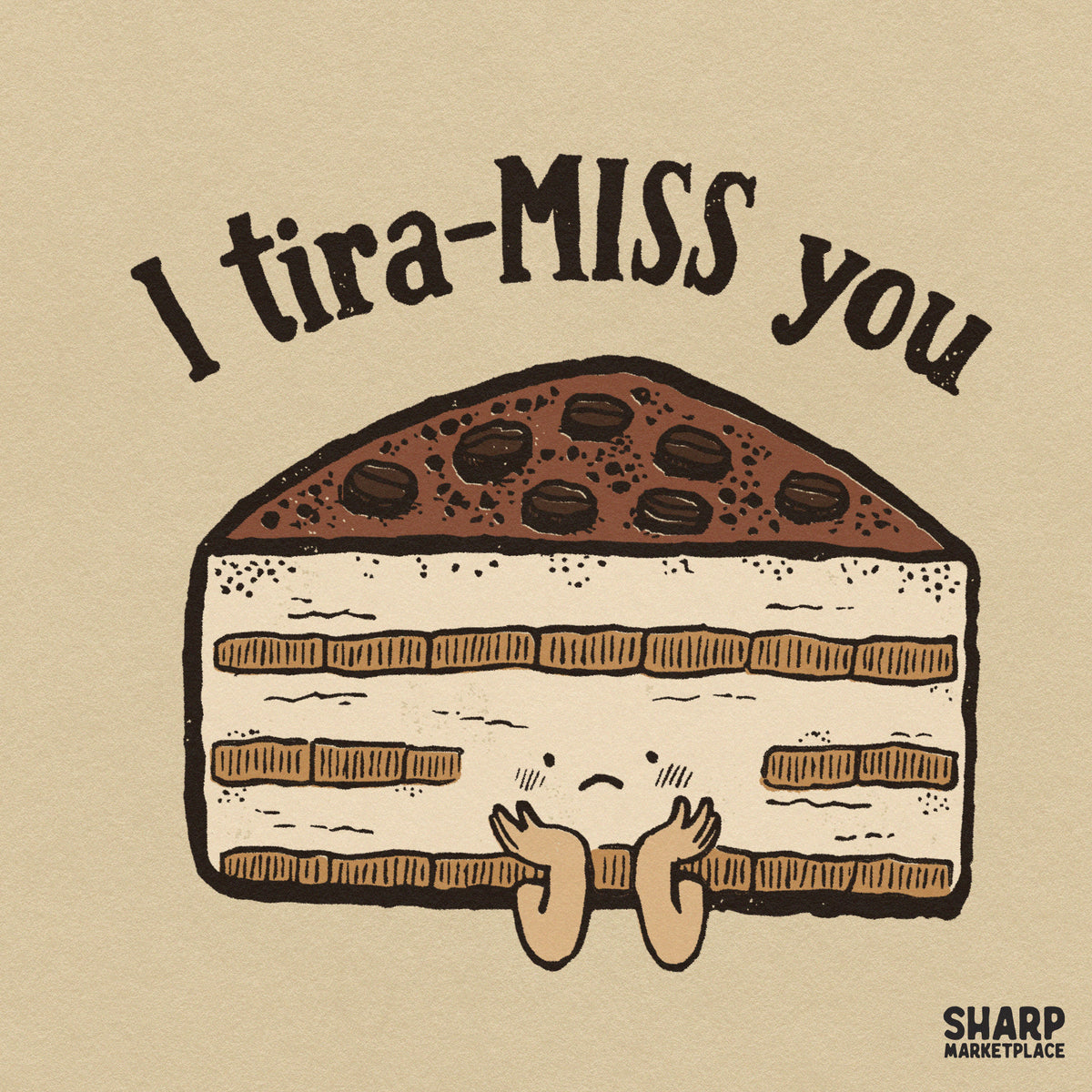 Cute retro tiramisu dessert art print with I Tira-MISS You food pun for funny Valentine's Day shirt designs