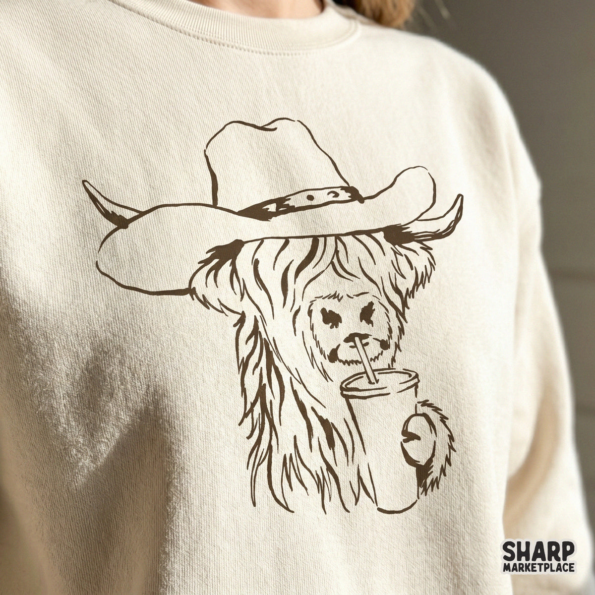 Monochromatic sketch of a Highland cow in a cowboy hat, perfect for sublimation, custom t-shirts, and farmhouse-style stickers.