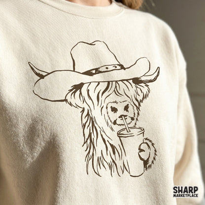 Monochromatic sketch of a Highland cow in a cowboy hat, perfect for sublimation, custom t-shirts, and farmhouse-style stickers.