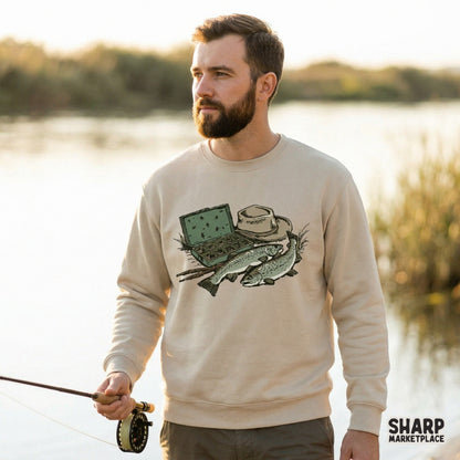 Detailed fly fishing sublimation graphic with a vintage aesthetic, perfect for custom shirts, outdoor-themed stickers, or rustic cabin wall art.