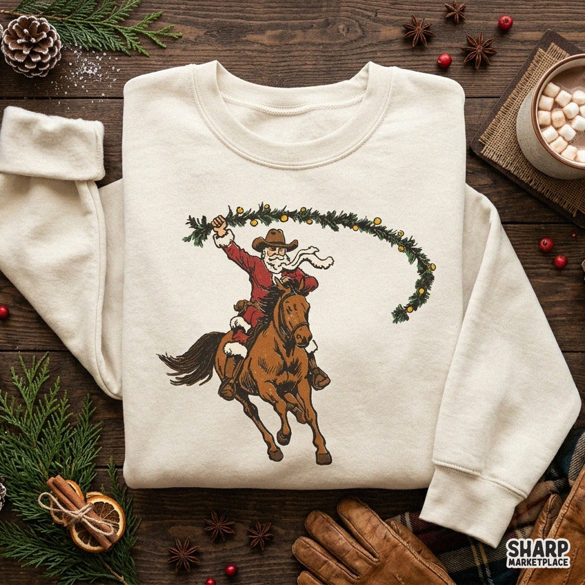 Western Cowboy Santa Riding Galloping Horse Christmas PNG