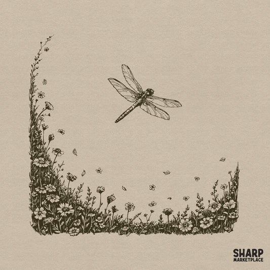 Vintage botanical wildflower corner border with flying dragonfly sketch for cottagecore sublimation shirt designs