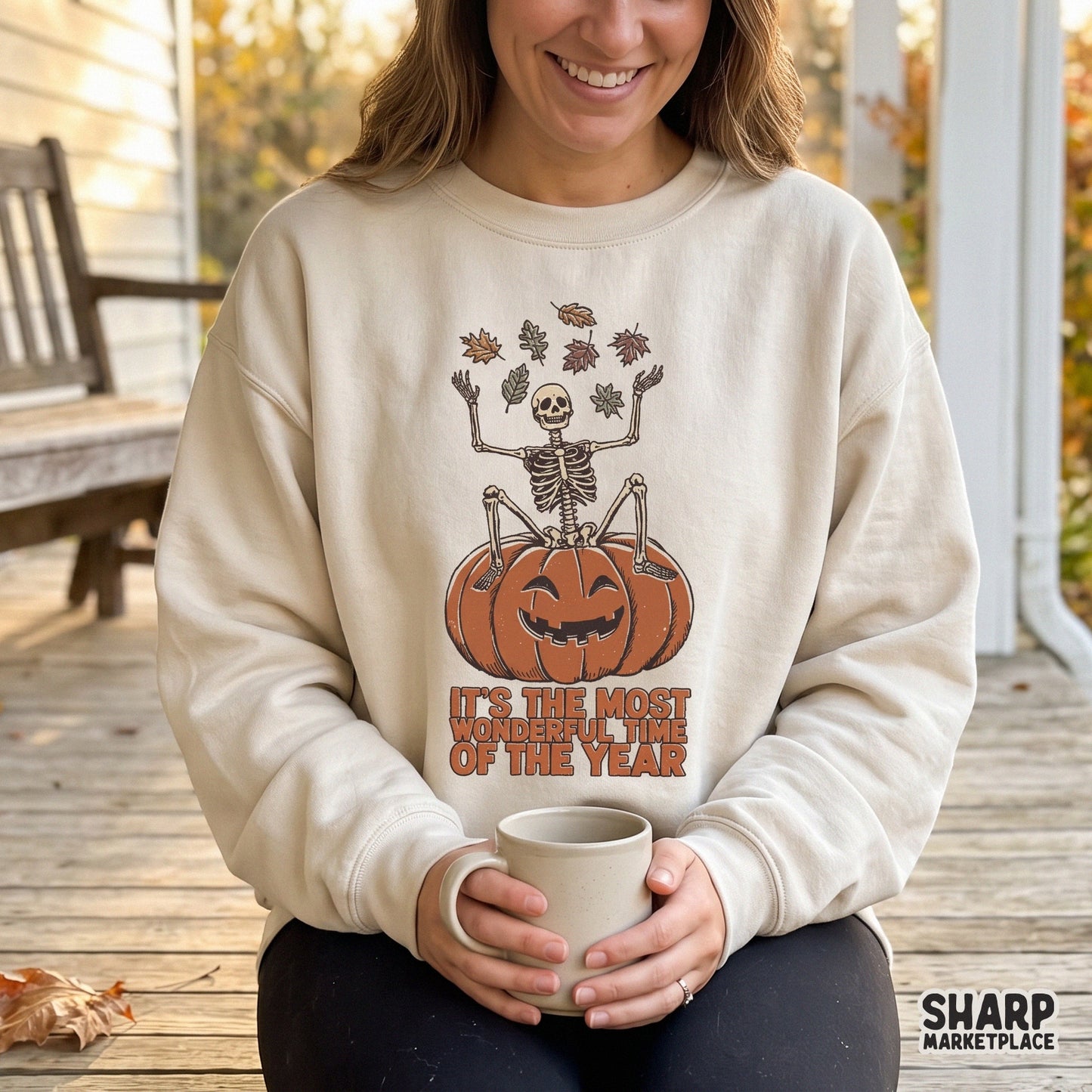 Retro skeleton sitting in a pumpkin with fall leaves and halloween typography for spooky season shirt designs