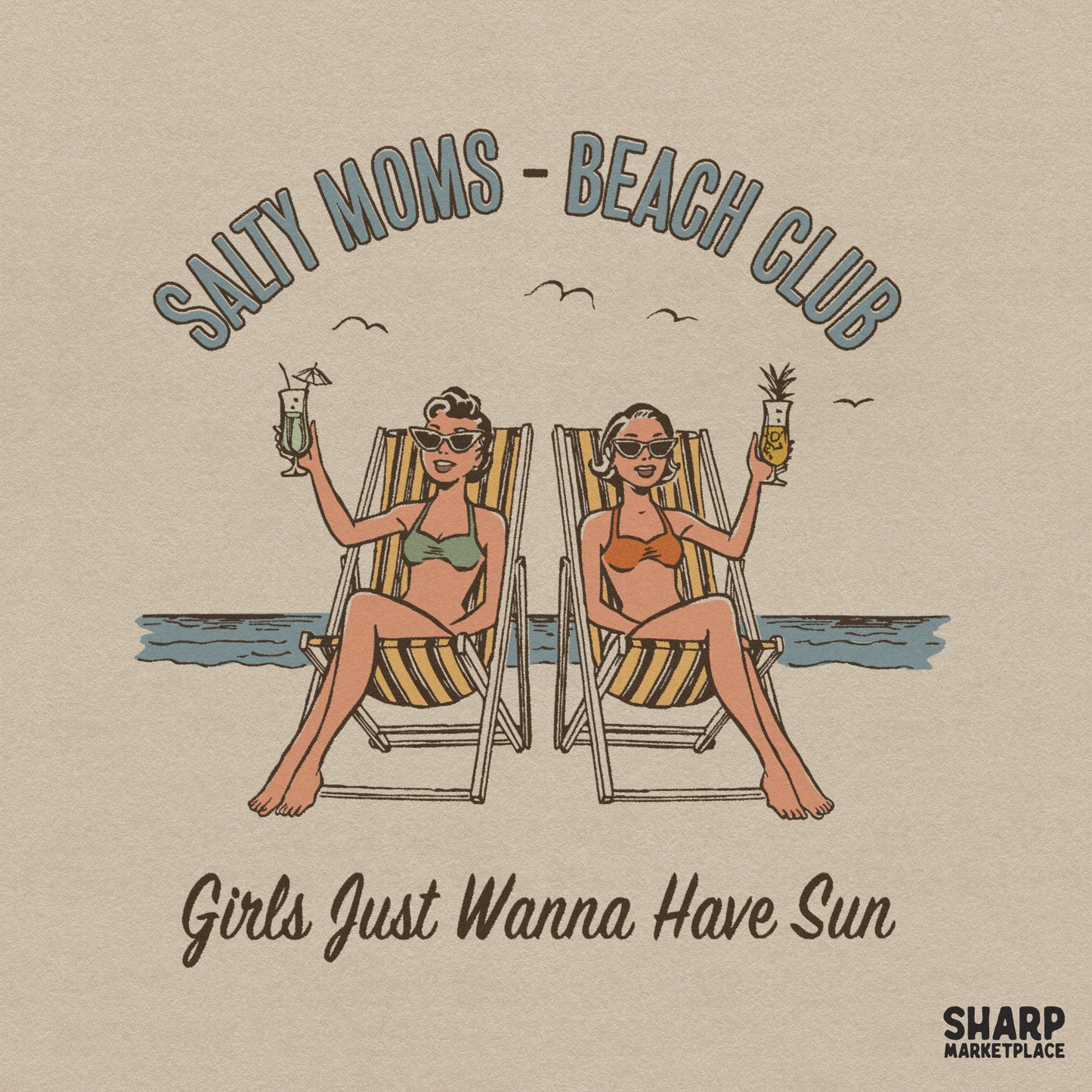 Salty Moms Beach Club retro summer PNG sublimation design for trendy moms girls trip shirts