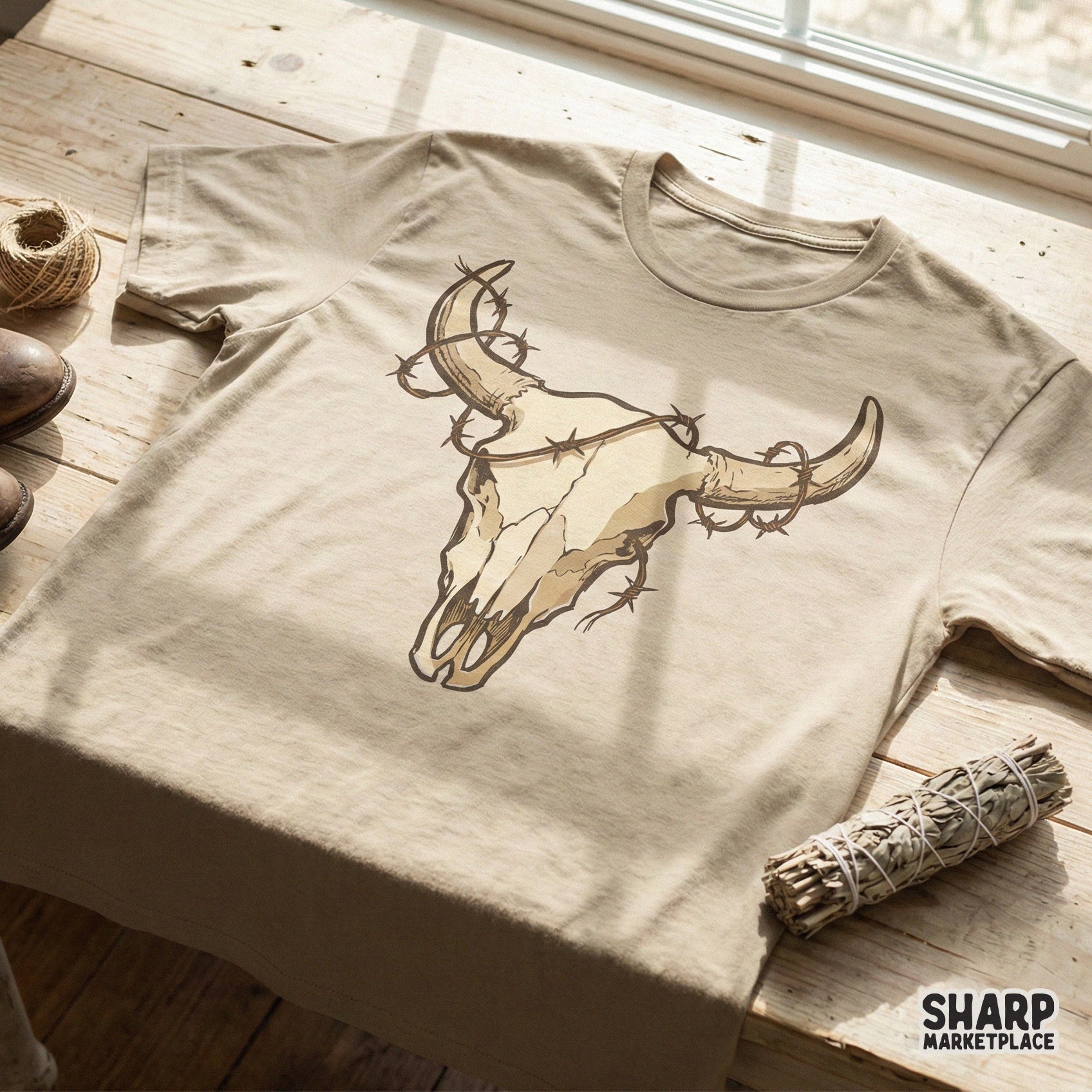 Cow Skull PNG, Western Barbed Wire Skull Clipart - 300 DPI Design for