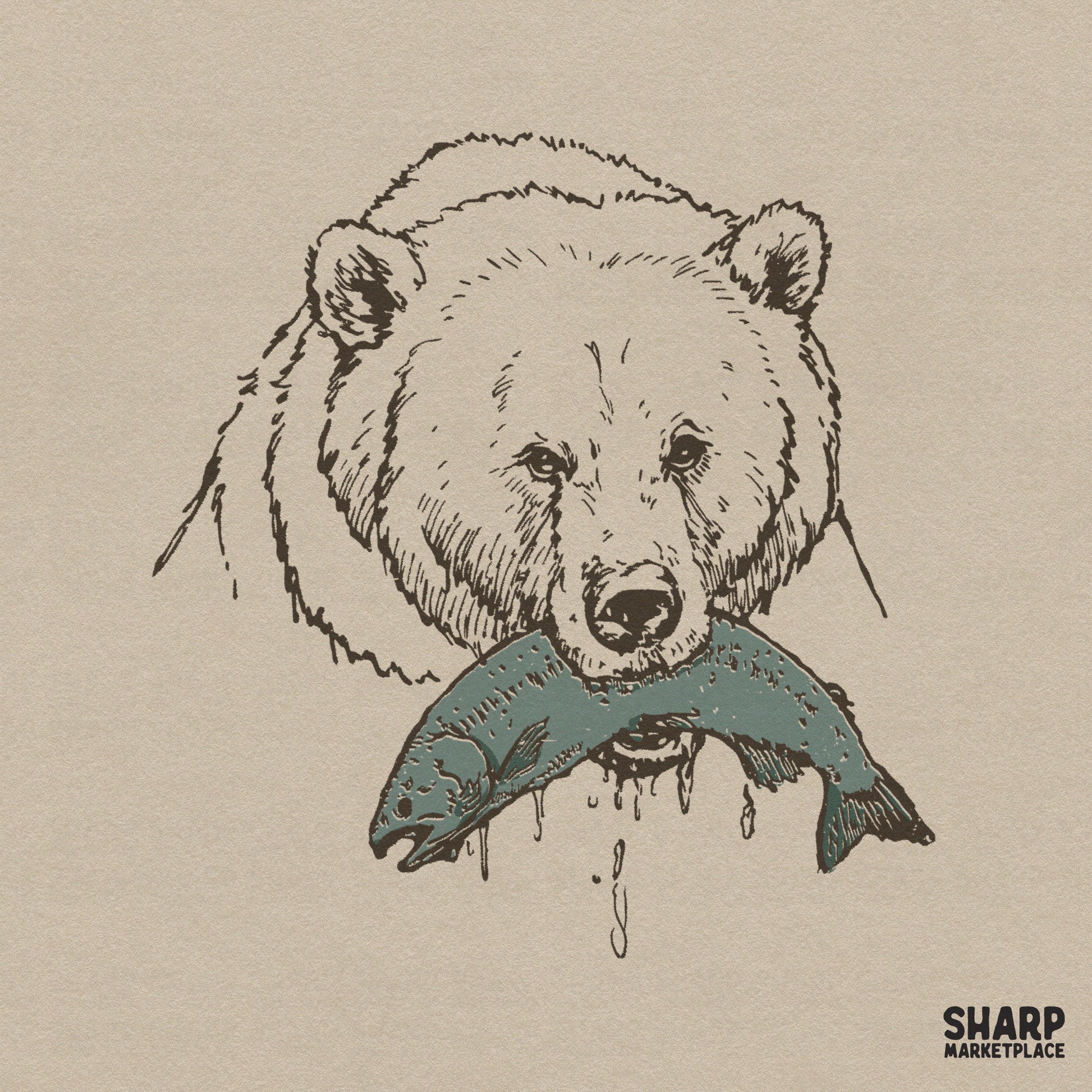 Retro grizzly bear catching salmon wildlife sketch illustration for camping shirt designs
