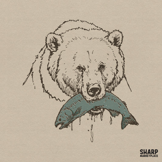 Retro grizzly bear catching salmon wildlife sketch illustration for camping shirt designs