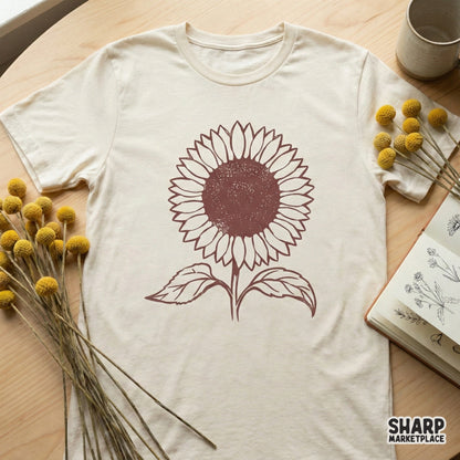 Detailed rustic sunflower clipart in a warm maroon tone, perfect for sublimation, custom apparel, and nature-inspired DIY craft projects.