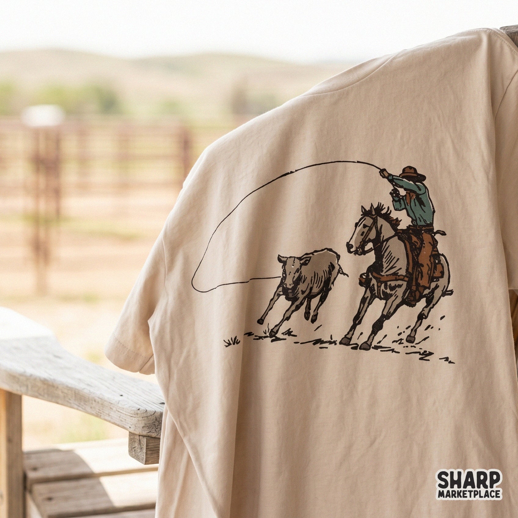 Detailed digital design of a rodeo roping scene with a cowboy and calf, perfect for custom western-themed t-shirts, stickers, and rustic wall art projects.