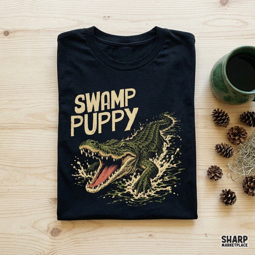 Retro swamp puppy funny alligator graphic tee design png ideal for t-shirts and summer sublimation projects