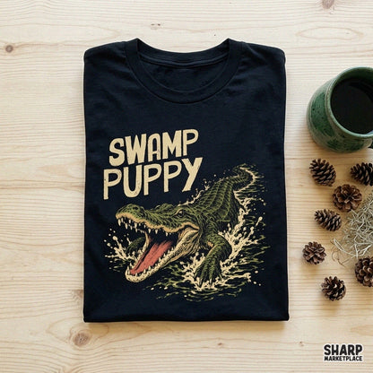 Retro swamp puppy funny alligator graphic tee design png ideal for t-shirts and summer sublimation projects