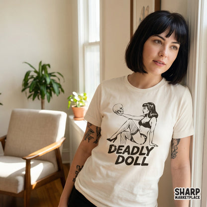 Vintage style pinup girl sitting with a skull in a gritty black ink aesthetic perfect for gothic t-shirts and spooky DIY craft projects.