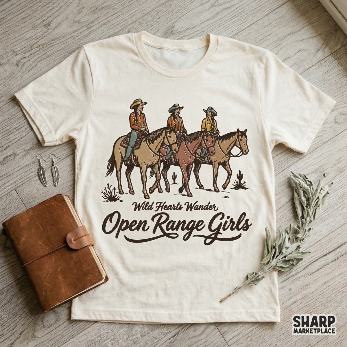 Sublimation-ready PNG file with a rustic illustration of cowgirls on horses, desert cacti, and stylized typography for western-themed apparel and crafts.