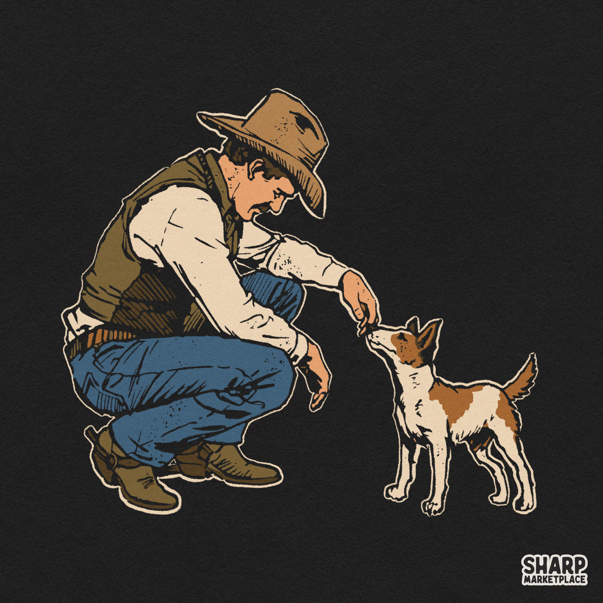 Vintage country cowboy crouching to pet his hound dog retro western PNG graphic for apparel