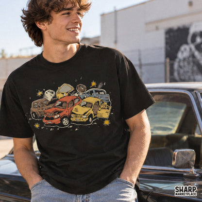 Pile of crushed and wrecked cars in a colorful auto junkyard, retro PNG sublimation graphic for t-shirts