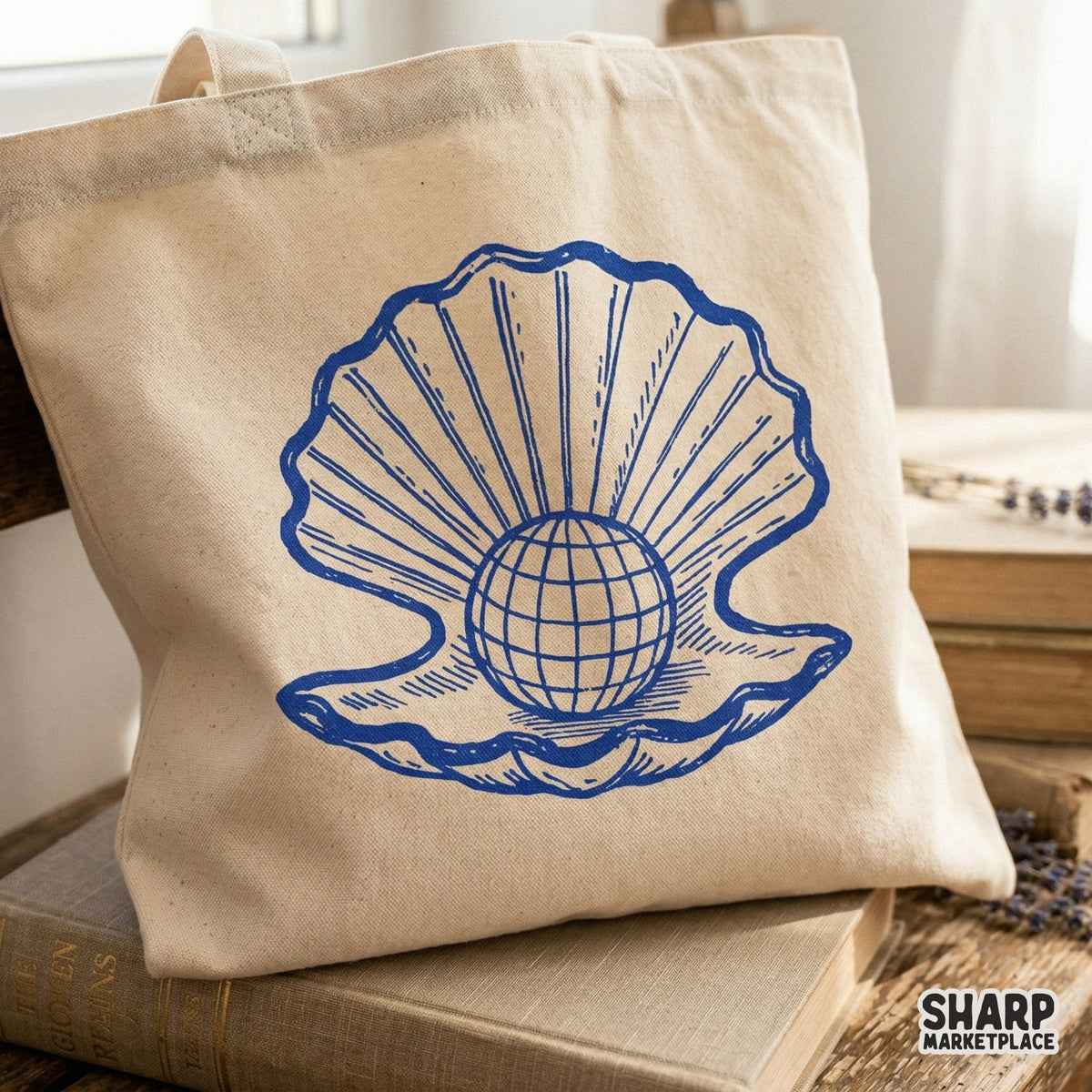 Detailed hand-drawn illustration of a bivalve shell containing a world globe, designed for custom t-shirts, beach-inspired wall art, and crafts.