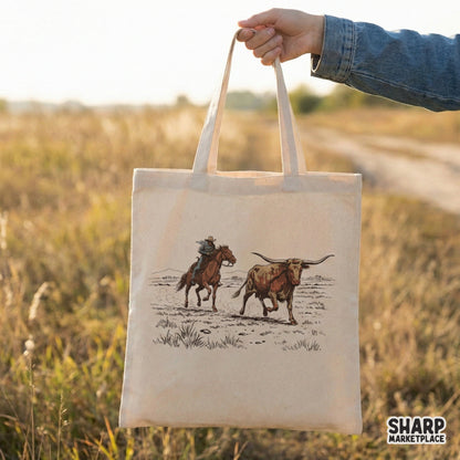 Rustic western art showing a cowboy and steer in action, featuring distressed textures and a classic rodeo aesthetic for DIY crafts and wall decor.