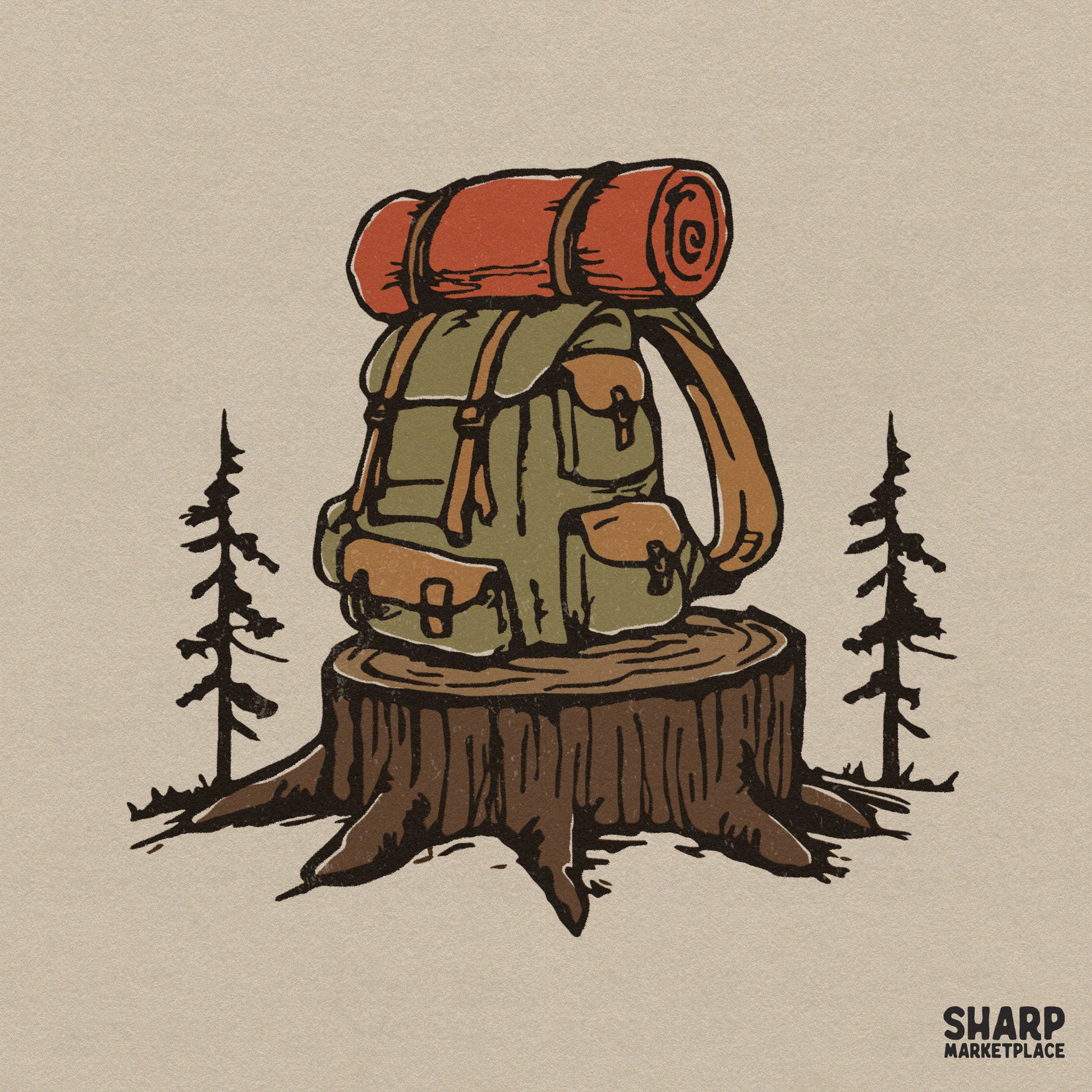 Hand-drawn camping backpack with an orange sleeping mat resting on a forest stump, framed by pine trees in a rustic vintage illustration style.