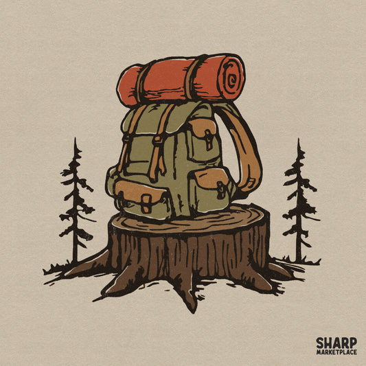 Hand-drawn camping backpack with an orange sleeping mat resting on a forest stump, framed by pine trees in a rustic vintage illustration style.