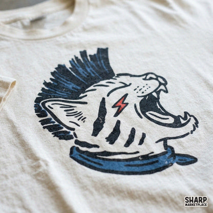 Vintage punk rock cat with a blue mohawk sublimation PNG design for t-shirts and streetwear apparel