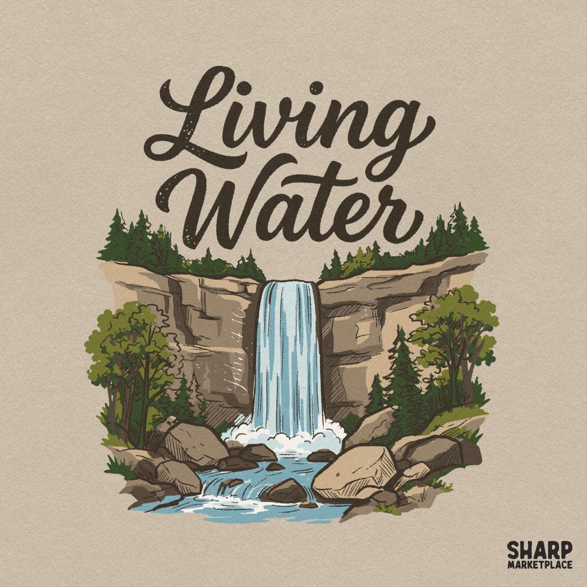 Living Water John 4:10 Christian PNG graphic with retro waterfall art for faith apparel and sublimation designs