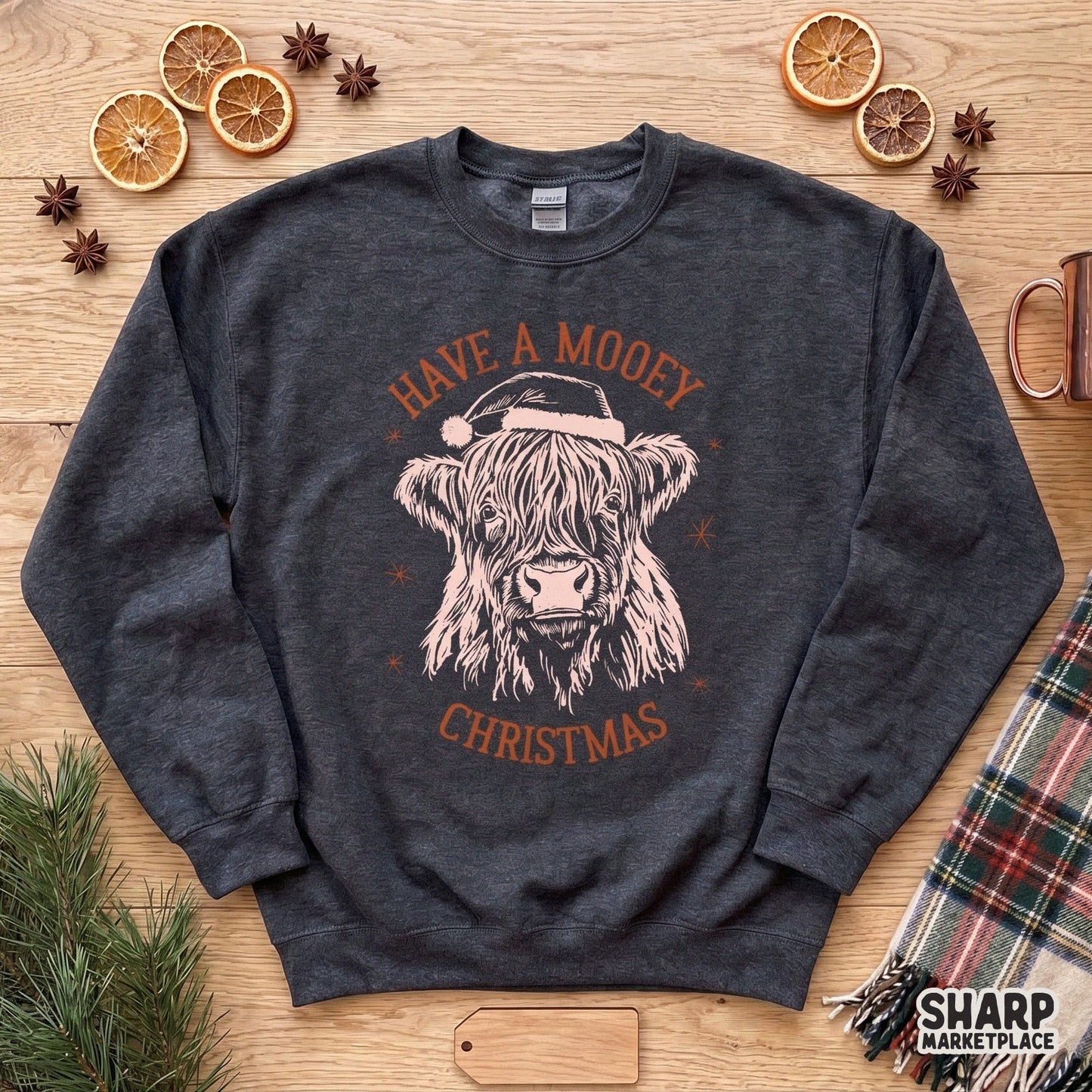 Funny retro highland cow wearing a Santa hat for holiday sublimation and Christmas PNG shirts