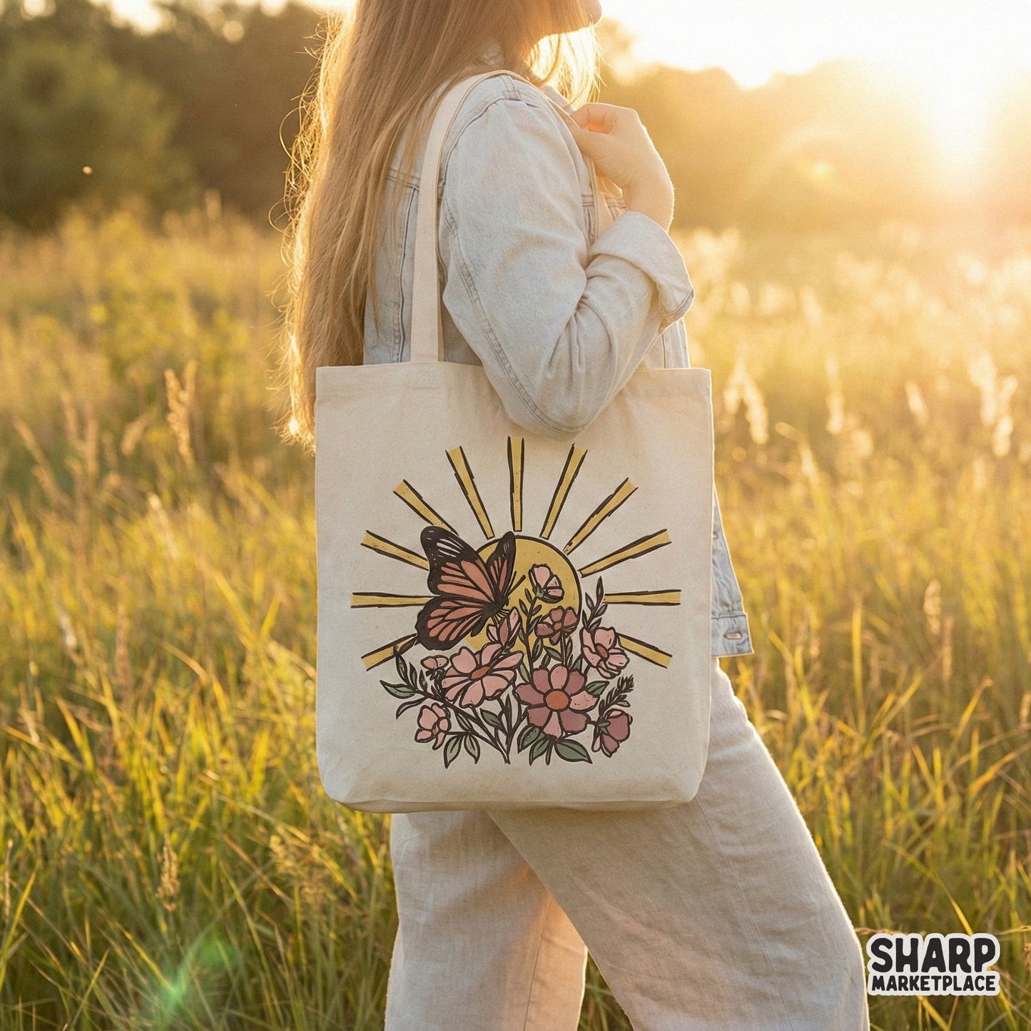 Distressed retro butterfly and flower garden design with a golden sun, suitable for DTF transfers, tumblers, and personalized botanical gifts.