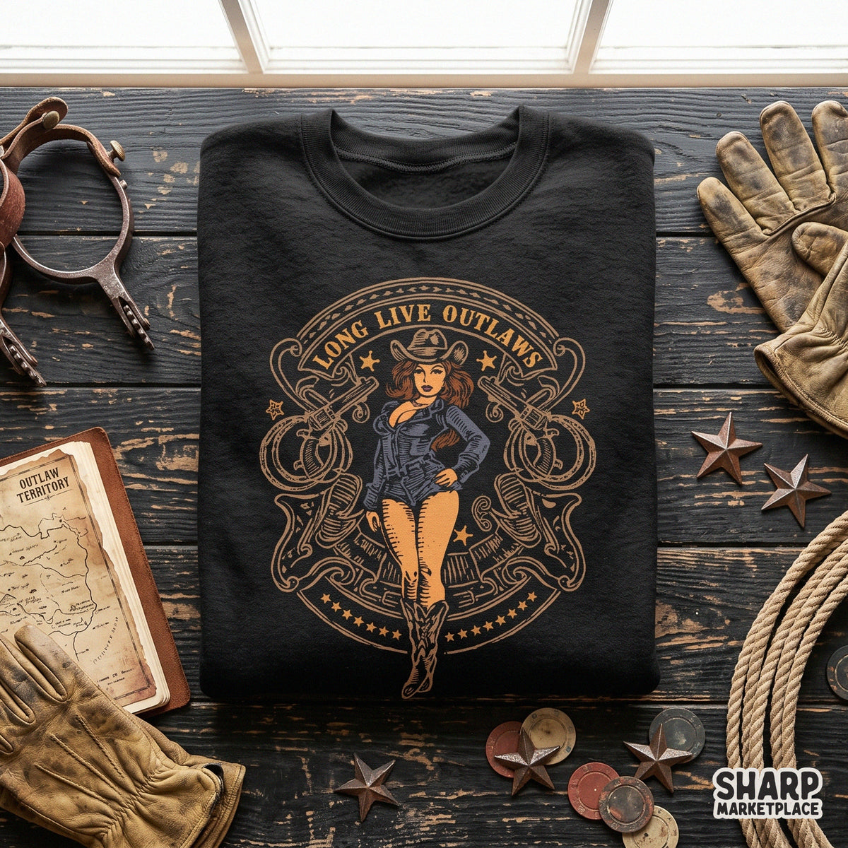 Vintage western cowgirl with revolvers graphic design ideal for outlaw country t-shirt sublimation