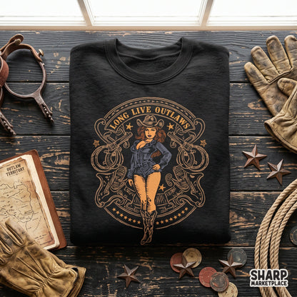 Vintage western cowgirl with revolvers graphic design ideal for outlaw country t-shirt sublimation