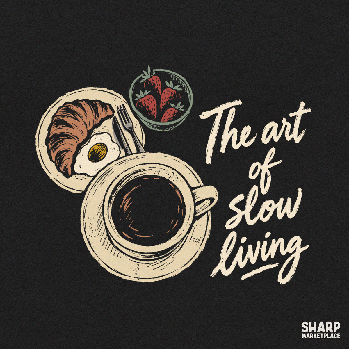 Aesthetic slow living cozy coffee cup and croissant breakfast PNG sublimation design for shirts and mugs