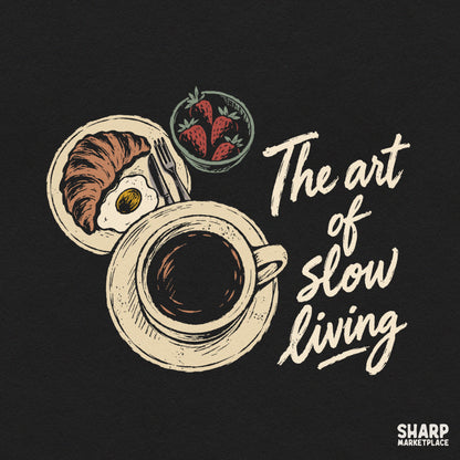 Aesthetic slow living cozy coffee cup and croissant breakfast PNG sublimation design for shirts and mugs