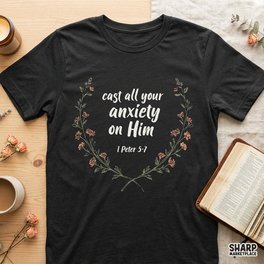 Retro floral wreath Christian PNG featuring 1 Peter 5-7 Bible verse for fall shirts and faith-based gifts