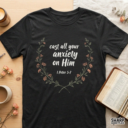 Retro floral wreath Christian PNG featuring 1 Peter 5-7 Bible verse for fall shirts and faith-based gifts