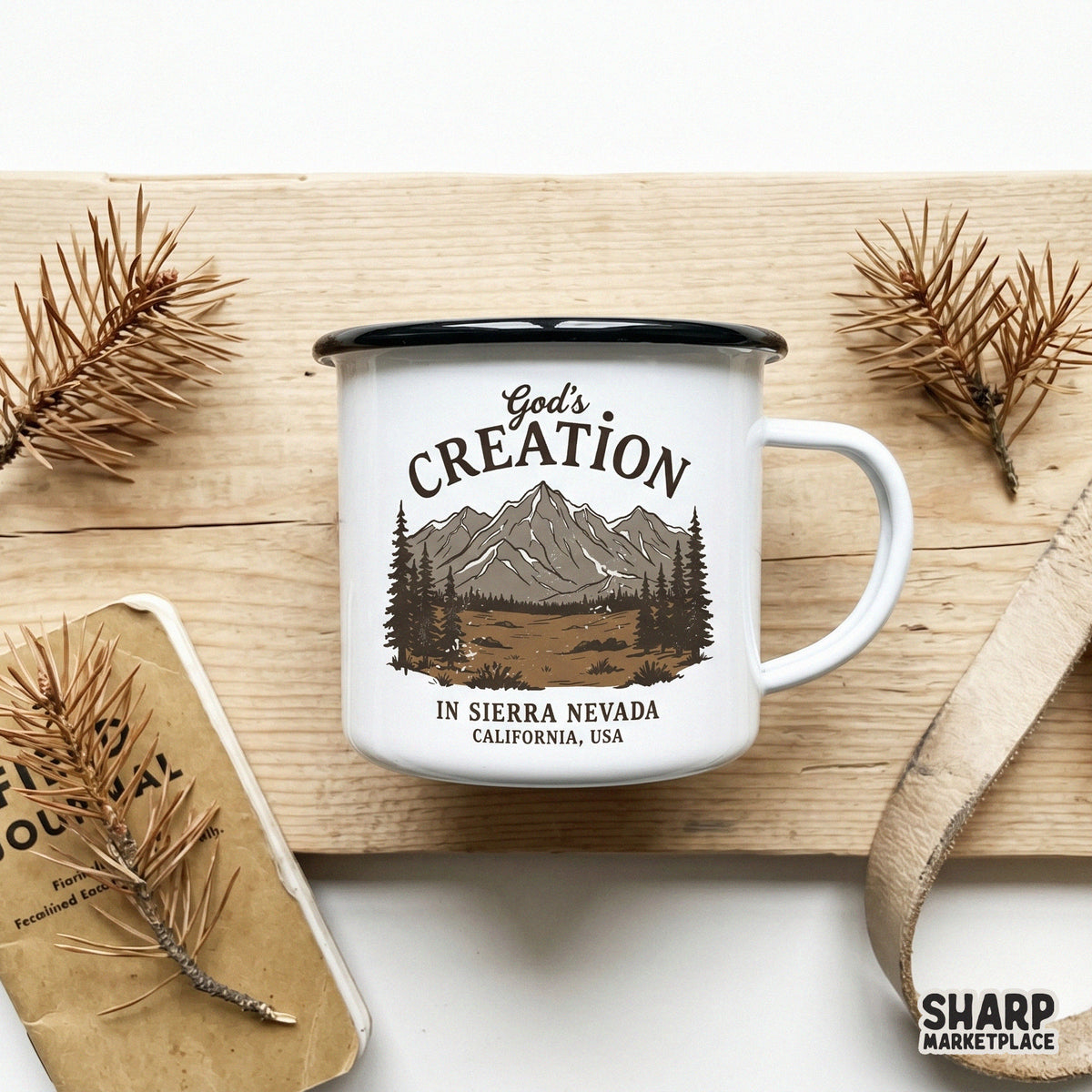 Sublimation-ready PNG design of a jagged Sierra Nevada mountain range and forest with arched Christian-themed text for apparel printing.