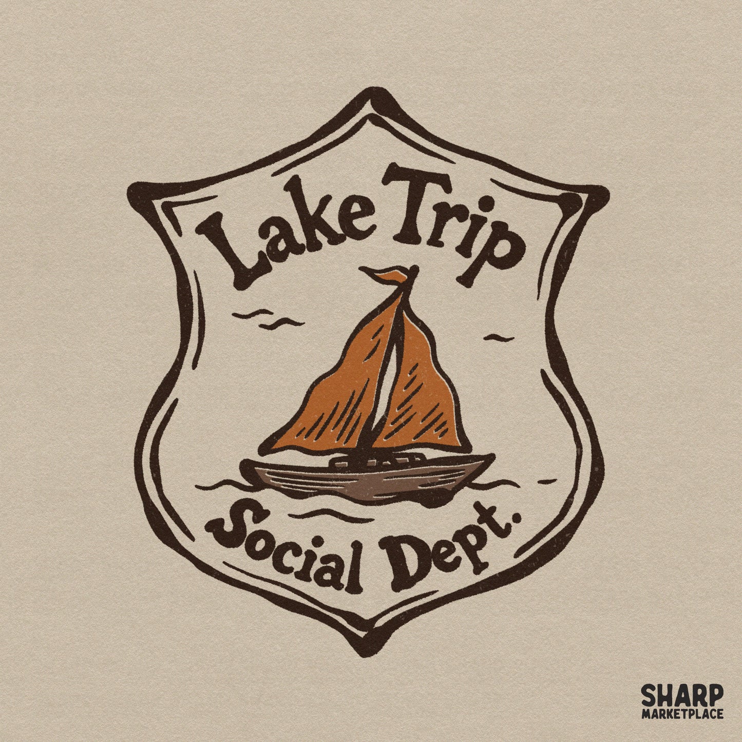 Retro Lake Trip Social Dept design with vintage sailboat and marine anchor for summer beach apparel and camping stickers