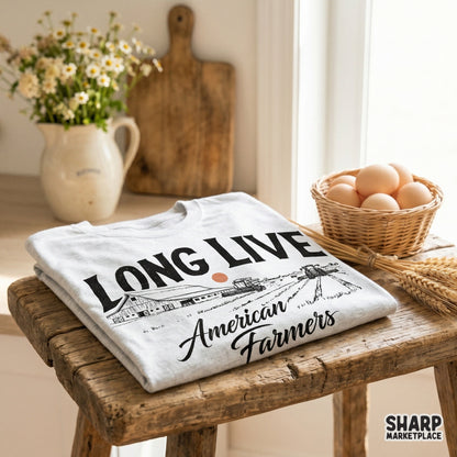 Hand-drawn farm scene digital download with arched block text and flowing script, ideal for creating custom patriotic shirts, stickers, and tumblers.
