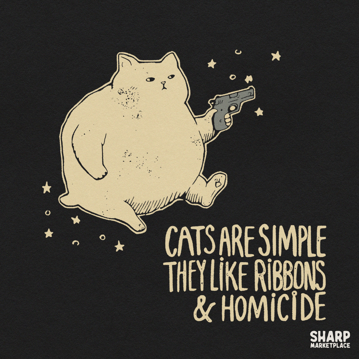 Unhinged floating cat funny PNG design with ribbons and homicide quote for sarcastic shirts and sublimation printing