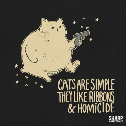 Unhinged floating cat funny PNG design with ribbons and homicide quote for sarcastic shirts and sublimation printing