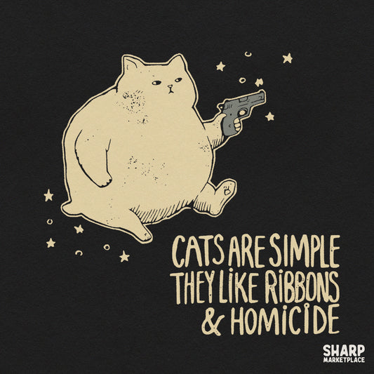 Unhinged floating cat funny PNG design with ribbons and homicide quote for sarcastic shirts and sublimation printing