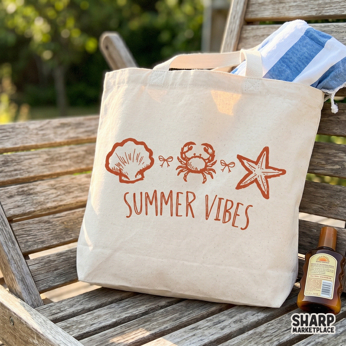 Sublimation-ready Summer Vibes graphic with a coastal sketch of marine life and delicate bows, ideal for custom t-shirts, tumblers, and beach apparel.