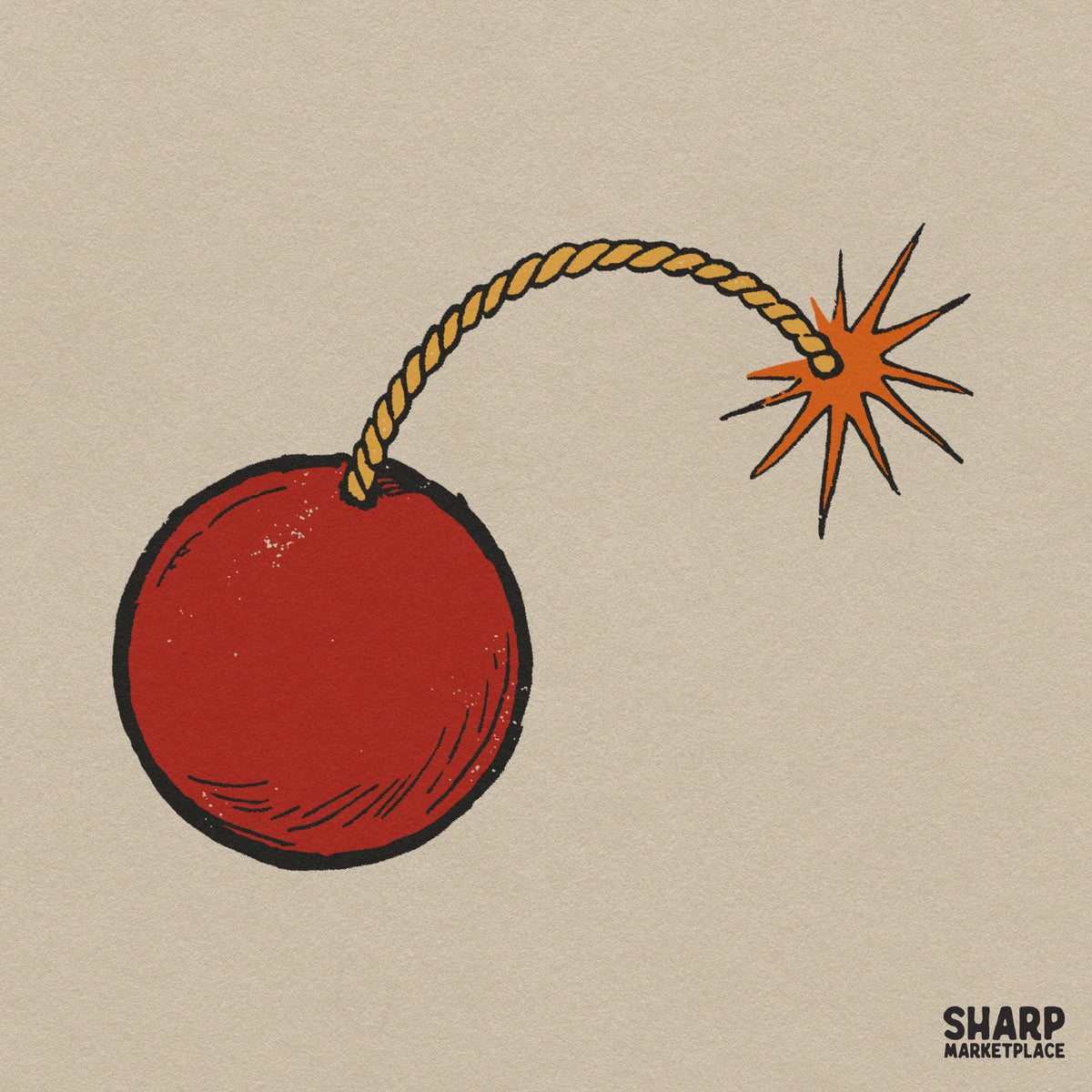 Vintage Red Cartoon Bomb Burning Fuse Print, Funny PNG