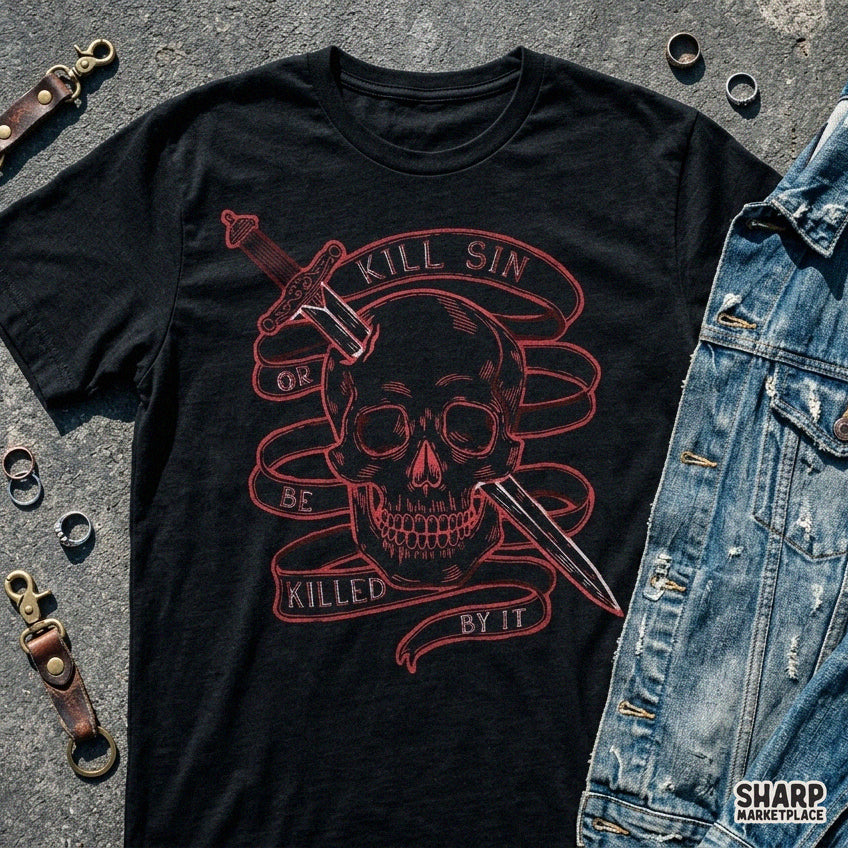 Gothic sword and skull digital PNG design with Kill Sin slogan for Christian apparel and sublimation