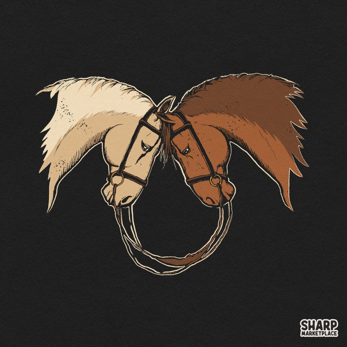 Two majestic horses resting heads together in a western PNG graphic for cowboy t-shirts and sublimation