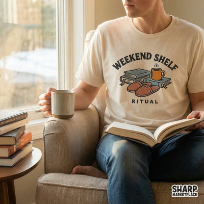 Cozy aesthetic reading design for apparel or stickers, featuring a steaming mug on books and slippers with the words Weekend Shelf Ritual.
